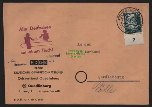 B11029 Brief DDR Propaganda Losung Quedlinburg 1951 Alle Deutschen a einen Tisch