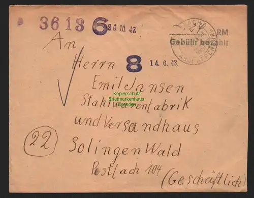 B11088 Brief BAZ Gebühr bezahlt 1946 Eisenbach über Aschaffenburg nach Solingen
