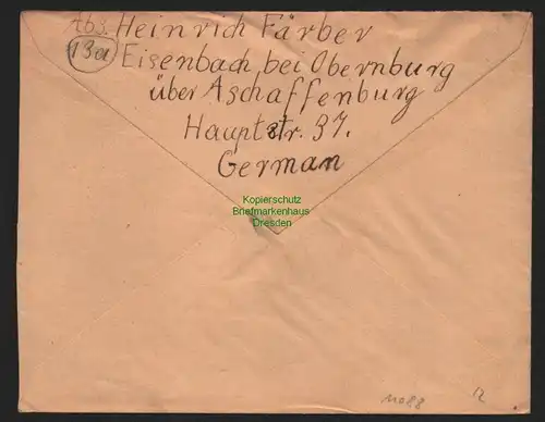 B11088 Brief BAZ Gebühr bezahlt 1946 Eisenbach über Aschaffenburg nach Solingen