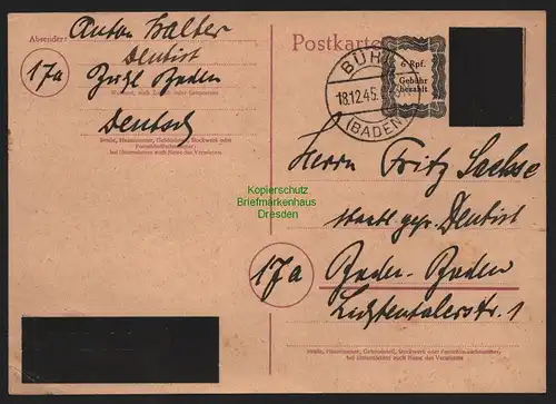 B11052 Notganzsache BAZ Gebühr bezahlt 1945 Bühl in Baden nach Baden-Baden