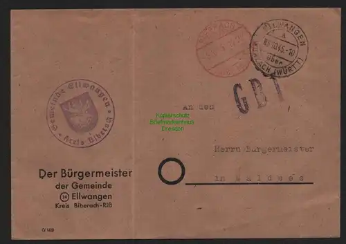 B11072 Brief BAZ Gebühr bezahlt 1945 Ellwangen Wurzach Biberach an Bürgermeister