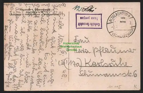 B11115 Postkarte BAZ Gebühr bezahlt Taxe percue 1948 Altglashütten Schwarzwald n