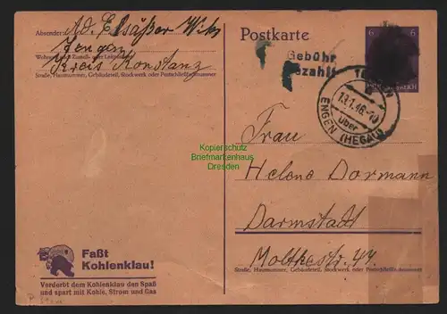 B11081 Ganzsache Hitler BAZ Gebühr bezahlt 1946 Formular Aufbrauch Tengen Hegau