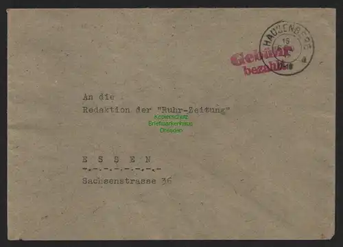 B11092 Brief BAZ Gebühr bezahlt 1946 Hauzenberg an Ruhr-Zeitung Essen
