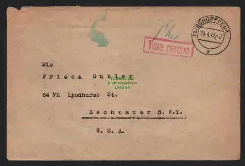 B11112 Brief BAZ Gebühr bezahlt Taxe percue 1947 Schopfheim nach Rochester USA