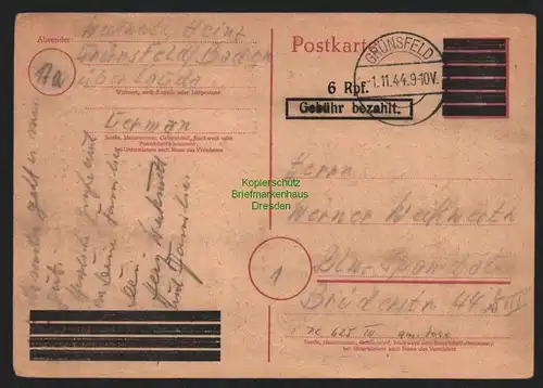 B11059 Notganzsache BAZ Gebühr bezahlt 1945 Grünsfeld Baden nach Berlin Spandau