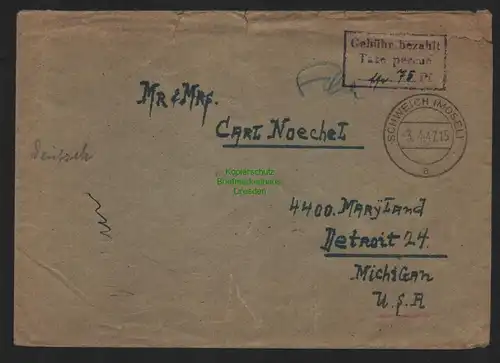 B11118 Brief BAZ Gebühr bezahlt Taxe percue 1947 Schweich Mosel nach Detroit USA
