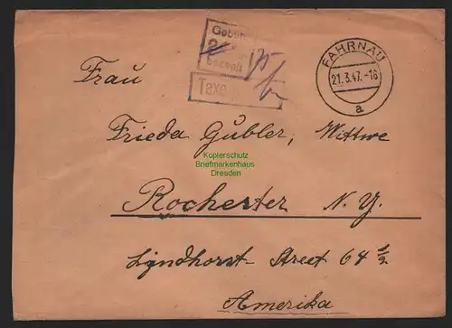 B11133 Brief BAZ Gebühr bezahlt 1947 Fahrnau nach Rochester USA