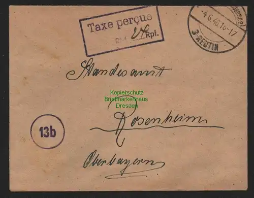 B11106 Brief BAZ Gebühr bezahlt Taxe percue 1945 Lindau Reutin nach Rosenheim