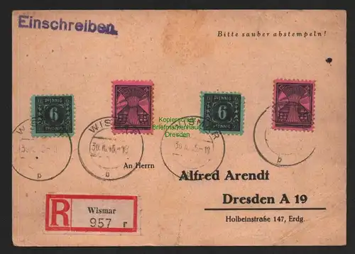 B11219 Postkarte Einschreiben SBZ Mecklenburg 1946 Wismar nach Dresden