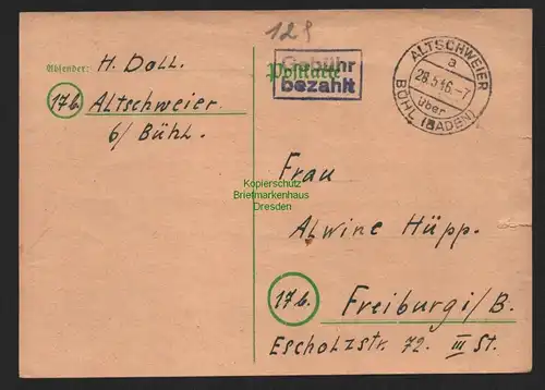 B11143 Postkarte BAZ Gebühr bezahlt 1946 Altschweier über Bühl Baden n. Freiburg