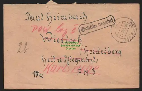 B11129 Brief BAZ Gebühr bezahlt 1946 Wallerstein nach Wiesloch Heidelberg