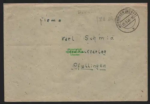 B11086 Brief BAZ Gebühr bezahlt 1946 Mössingen Württ. nach Pfullingen
