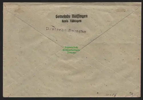 B11086 Brief BAZ Gebühr bezahlt 1946 Mössingen Württ. nach Pfullingen