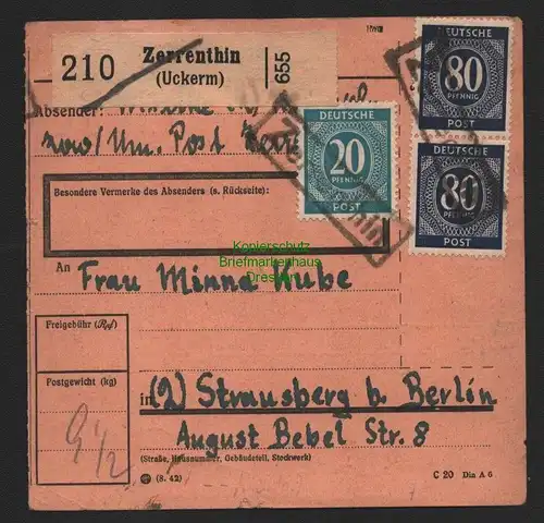 B11228 Paketkarte Alliierte SBZ Zerrenthin Uckermark Notstempel nach Strausberg