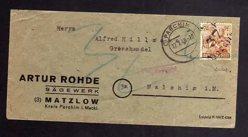 h2999 Handstempel Bezirk 37 Plau Brief portogerecht 28.6.48 nach Lüneburg