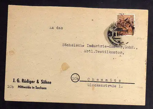 h2902 Handstempel Bezirk 27 Mittweida 24 Pfg. Bedarfsbrief Rüdiger & Söhne gepr.