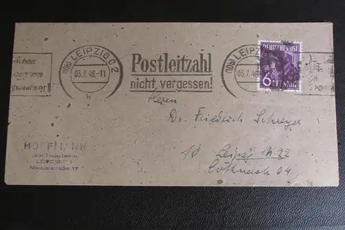 Bezirkshandstempel Bezirk 27 Leipzig 03.7.48 Drucksache Landes Lotterie