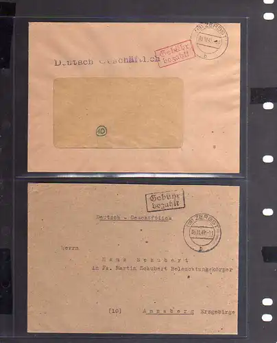 B859 2x SBZ Brief Karte Gebühr bezahlt 1945 Zerbst Deutsch - Geschäftlich