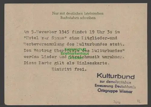 B7642 SBZ Mecklenburg Ganzsache 6 Pfg. gebraucht Wismar 1945 Kulturbund