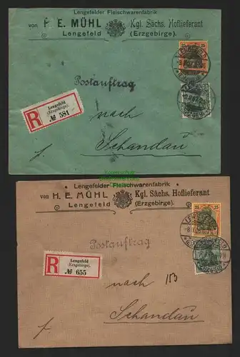B7297 2x Brief Postauftrag nach Schandau DR 1906 1907 Einschreiben Lengefeld