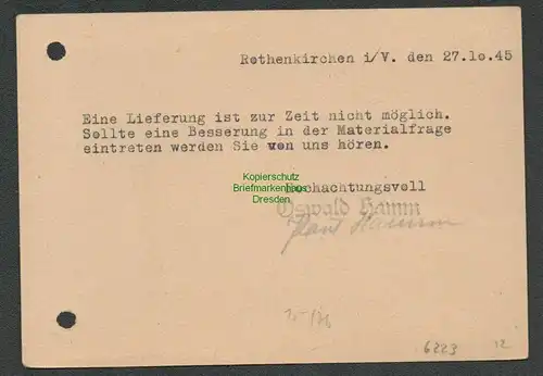 B6223 Postkarte SBZ Gebühr bezahlt 1945 Rothenkirchen i. V. Bürstenfabrikation H