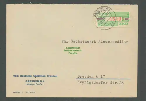 B5139 DDR ZKD B 24M Brief Dresden VEB Deutsche Spedition an Sachsenwerk