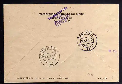 B1620 DDR Aufdruck Kontrollzahlen 1604 Berlin ZKD 2x 15 Brief Versorgungskontor