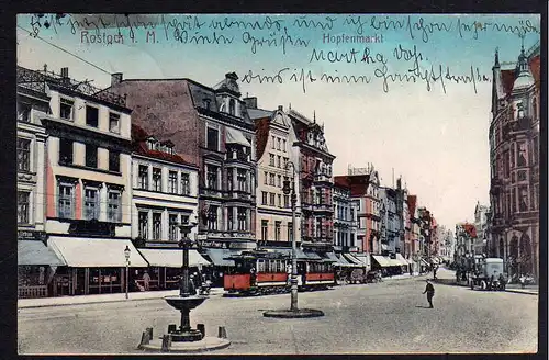 84088 AK Rostock Hopfenmarkt Straßenbahn 1913