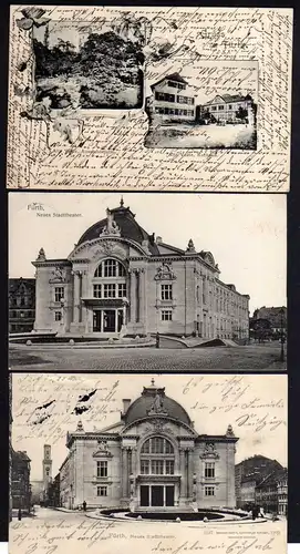 83158 3 AK Fürth Neues Stadttheater 1903 1910 Alte Veste Aussichtsturm Kurhaus 1