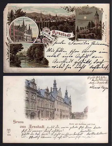 78688 2 AK Arnstadt 1899 Markt Rathaus Post  Burg Neideck Litho