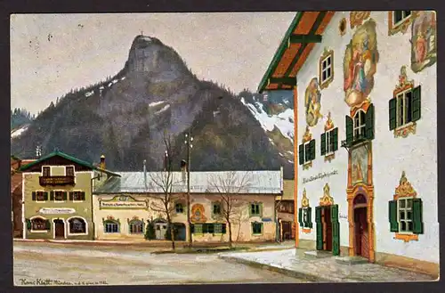 44627 AK Oberammergau Künstlerkarte Hans Klatt pinx Geroldhaus Weißes Rößl und K