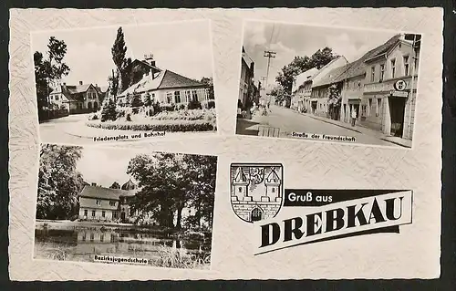 25152 AK Drebkau Friedensplatz Bahnhof Str. der Freundschaft Reklame Landskron