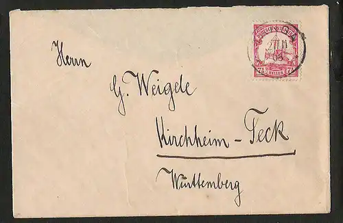 23982 Kleiner Brief Deutsch Ostafrika Tanga 1906 nach Kirchheim Teck