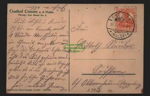 23917 AK Gasthof Crossen an der Mulde Max Götz , gelaufen 1917