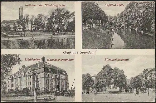 23418 AK Spandau Berlin Hallenschwimmbad Bismarckdenkmal Augusta Ufer 1919
