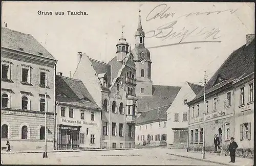 23395 AK Taucha Pelzwaren Hut Mützenlager Gasthof zum goldenen Löwen August 1908