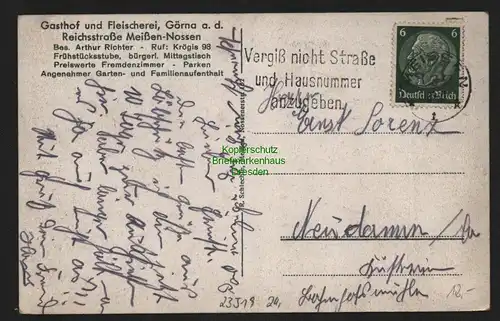 23519 AK Görna b. Meissen Gasthof und Fleischerei Reichsstrasse Nossen 1937