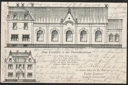 22876 AK Grüna Sachsen Neue Turnhalle Charlottenstrasse, gelaufen 1905