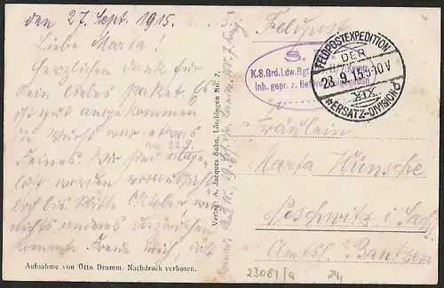 23081 AK Lörchingen i. Lothringen Dr. Marchal Strasse Feldpost 1915 Saarburg Wes