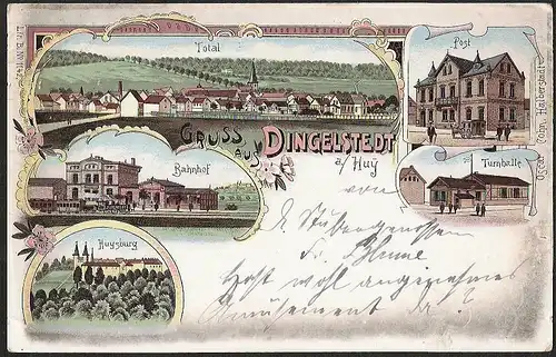 23231 AK Litho Dingelstedt a. Huy Bahnhof Huysburg Post Turnhalle, gelaufen 1899