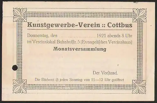 22883 AK Cottbus Kunstgewerbeverein 7.6.1921 Einladung zur Monatsversammlung