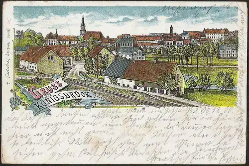 23045 AK Litho Königsbrück mit Bahngleisen, gelaufen Kamenz 1900