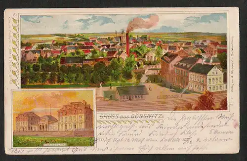 22229 AK Litho  Gössnitz Bahnhof Hotel, gelaufen Feldpost,  Verlag A. Glasewald