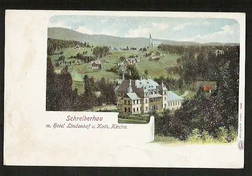 22507 AK Schreiberhau m. Hotel Lindenhof u. kath. Kirche um 1900