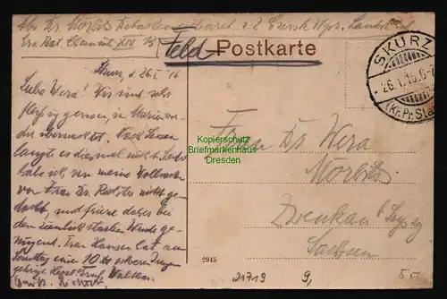 21719 AK Marienwerder Wpr. 1916 Skurz Kr. Pr. Stargard Feldpost