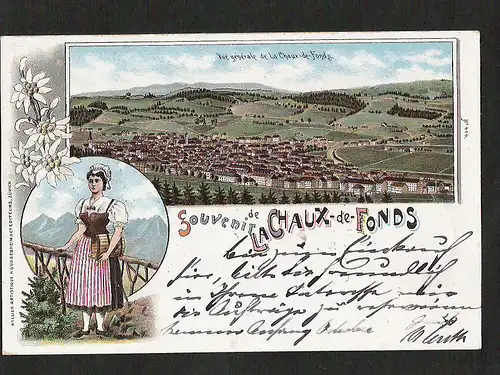 21114 AK La Chaux-de-Fonds Kanton Neuenburg Litho 1898 Frau in Tracht Edelweiß