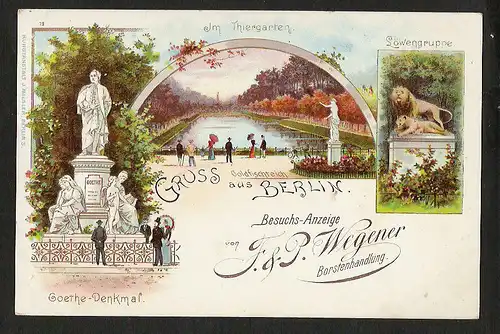 20788 AK Berlin Tiergarten Litho um 1900 Goethe Denkmal Löwengruppe