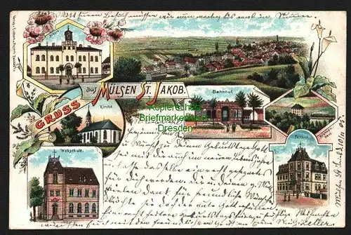 146244 AK Mülsen St. Jacob 1906 Bahnhof Litho Post Kirche Schule Webschule