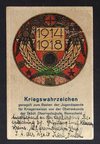 126499 AK Remscheid 1920 Kriegswahrzeichen Jugendspende Obersekunda